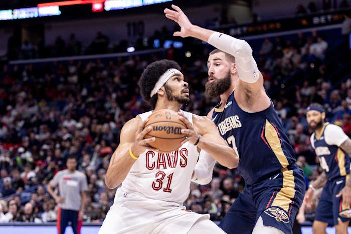 Mar 13, 2024; New Orleans, Louisiana, USA; Cleveland Cavaliers center Jarrett Allen (31) drives to the basket against New Orleans Pelicans center Jonas Valanciunas (17) during the first half at Smoothie King Center.